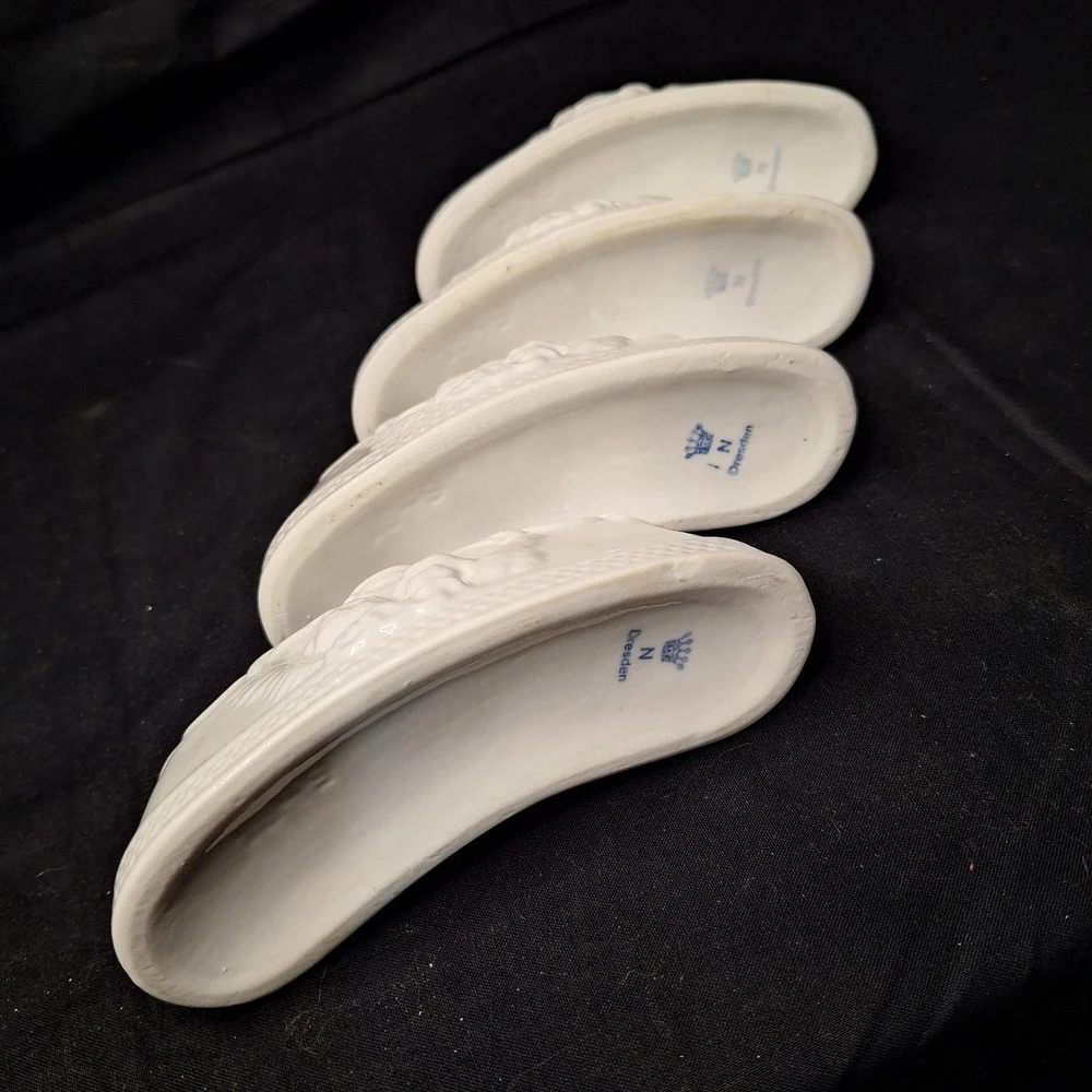 Set of 4 White Glazed‎ Dresden Porcelain Cherub Crescent Flower Candle Holders